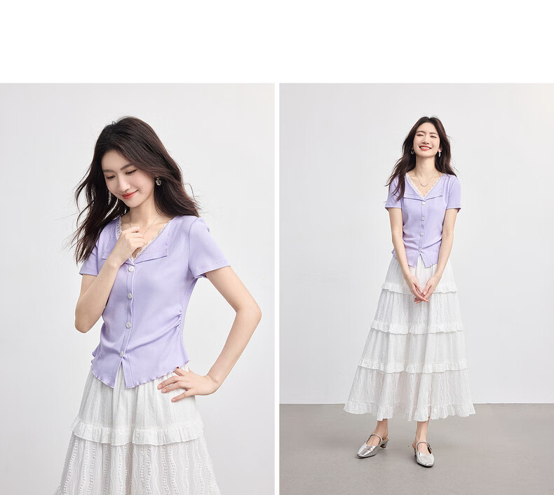 Sllsky Slow Style Lace Splice V-Neck T-Shirt Women Short Sleeve Fashionable Designer Top 2026 Summer New Arrival 15