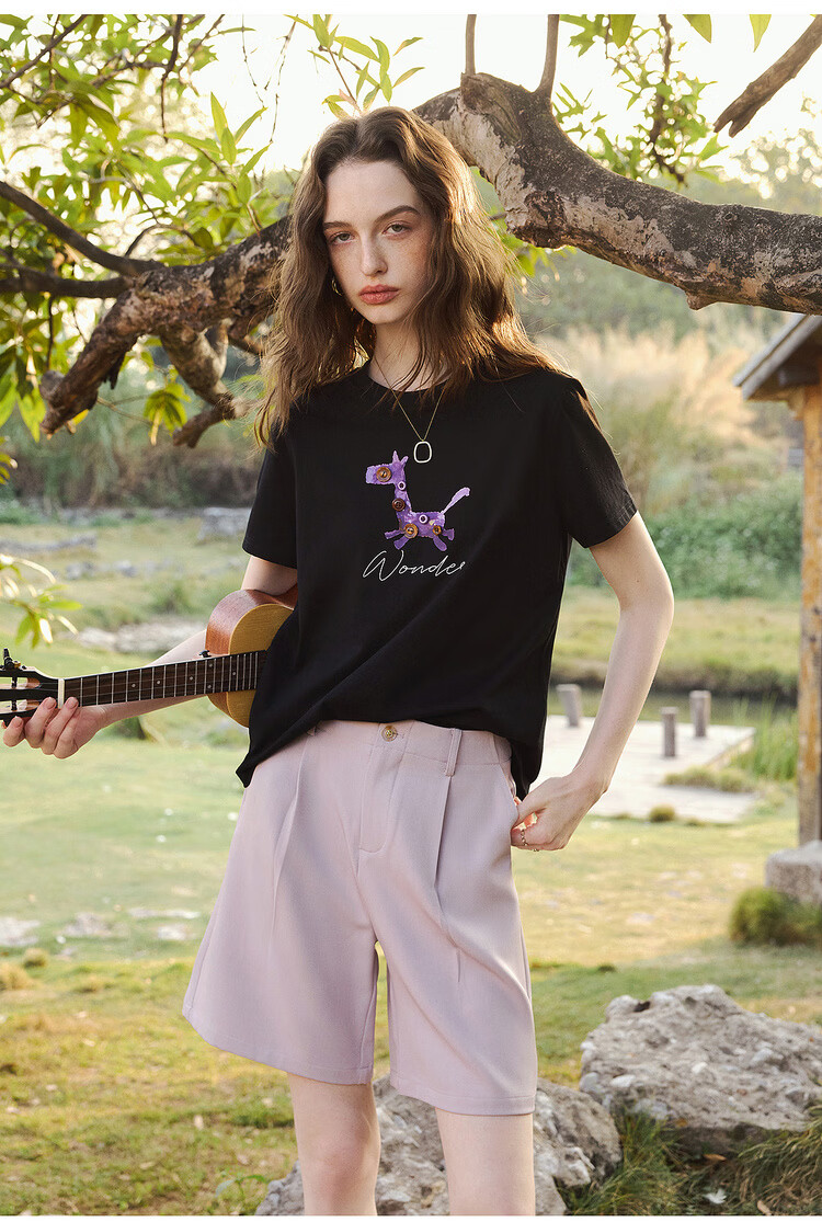 Olrain Women's Casual Commuter Cotton Short Sleeve T-Shirt with Pony Print Summer New Round Neck Top Black L 5
