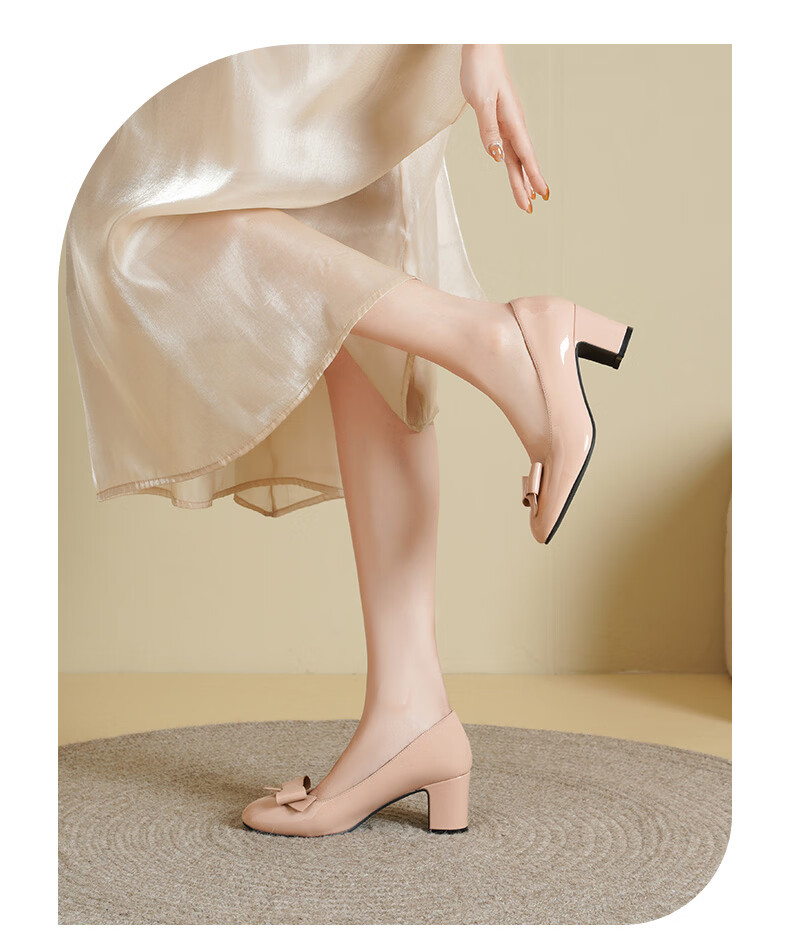Daphne Nude Pink High Heels Women 2026 New Summer Comfortable Bowknot Chunky Heel Round Toe Nude Pink Size 37 3
