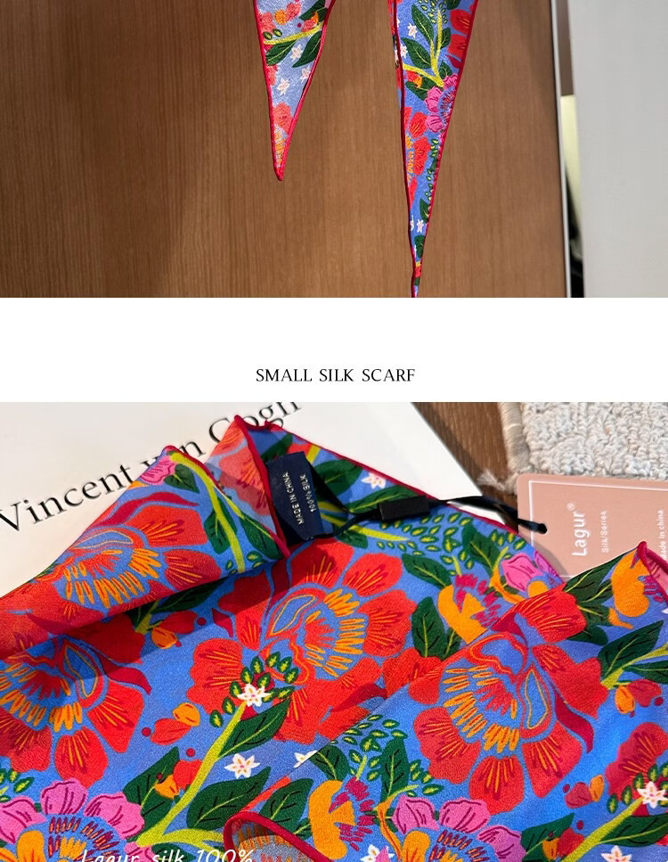 Lagur Rich Eternal 100% Mulberry Silk Original Illustration Scarf Triangle Silk Neck Scarf Gift for Mom Camellia Red 19
