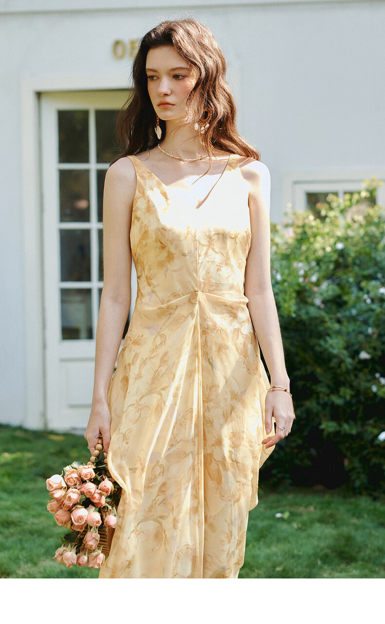 Olrain Oureier Summer New V-Neck Vest Dress Layered Pleated Deconstructed Vacation Style Printed Long Dress Yellow M 12