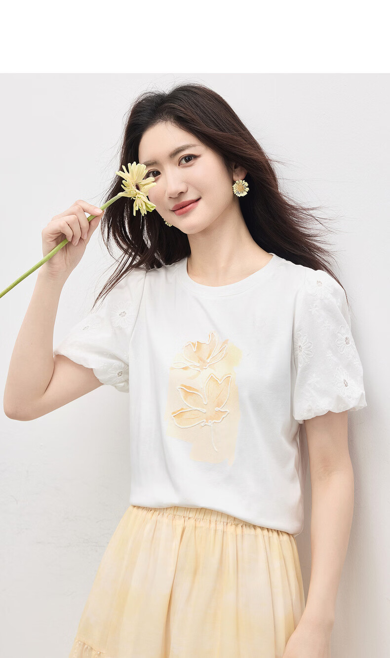 Sllsky "Good Luck Lotus" Bud Short Sleeve T-Shirt Women 2026 Summer Plant Print Crew Neck Top 15