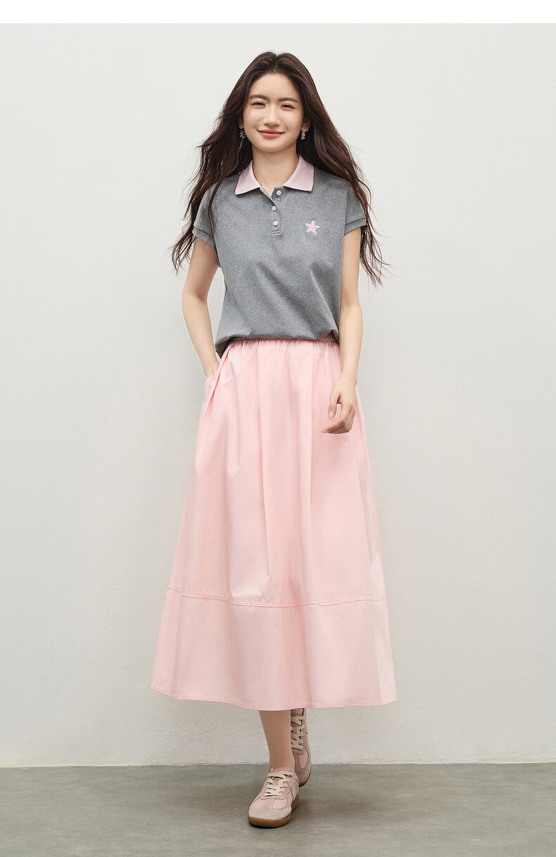 Shangdu Bila Korean Style Colorblock Cotton Polo Collar T-Shirt Women Summer Three-Button Knit Top Loose Slimming Youthful Layering 25