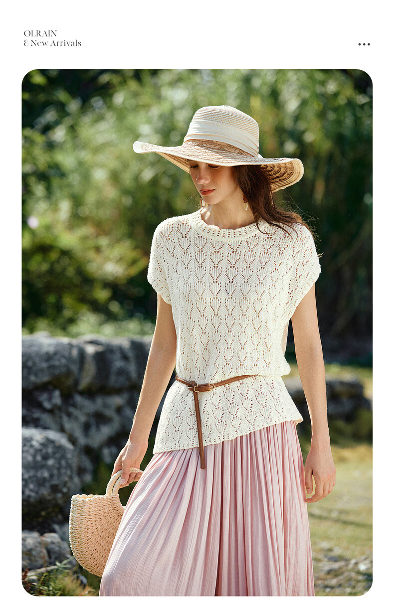 Olrain Summer New Breathable Skin-friendly Hollow Floral Knit Round Neck Short Sleeve Sweater for Women Off-white L 2