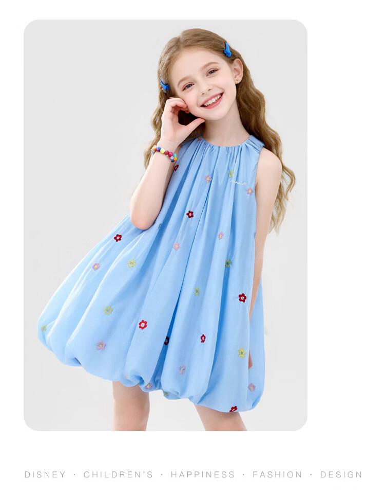 Disney Kids Dress Colorful Embroidered Floral Cotton Princess Dress 26 Summer Girls Minnie Floral Blue 130 18