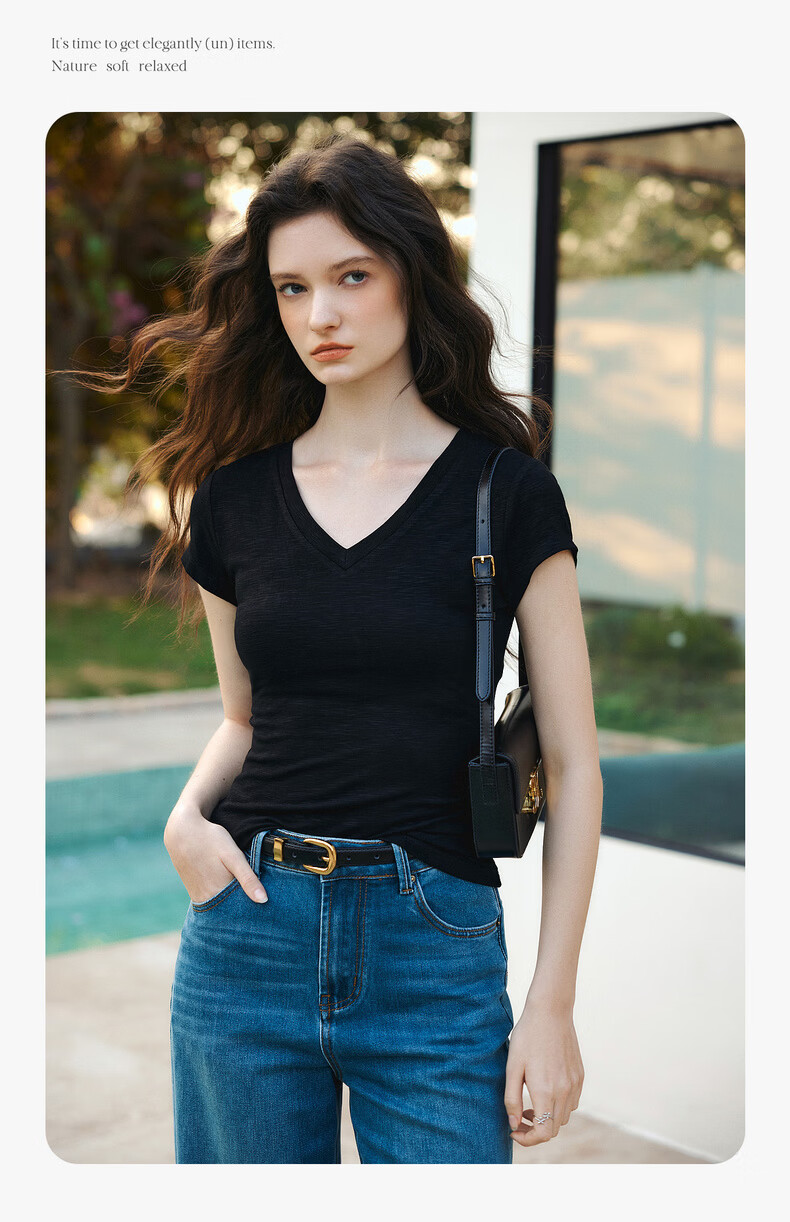 Olrain Eurielle Summer New Classic V-Neck Back Hollow Slim Short Sleeve T-Shirt Women Casual Top Black S 7