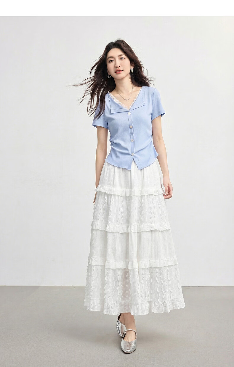Sllsky Slow Style Lace Splice V-Neck T-Shirt Women Short Sleeve Fashionable Designer Top 2026 Summer New Arrival 18