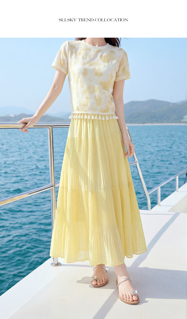 Sllsky Bohemian Chiffon Pleated Midi Skirt Women Summer Lightweight Beach Vacation A-Line Cake Skirt 31