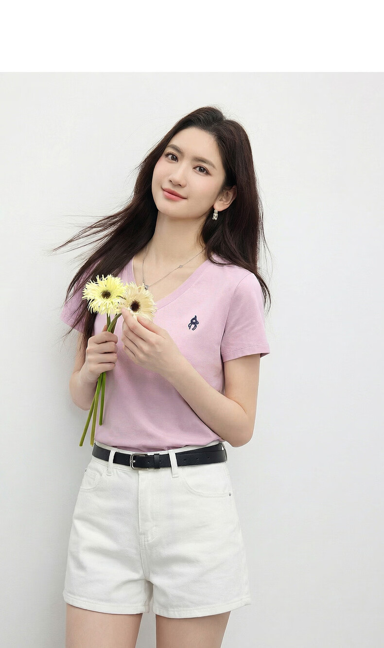 Sllsky Xinjiang Cotton V-Neck Shoulder T-Shirt Women 2026 Summer New Commuter Embroidered Short Sleeve Cool Top 16