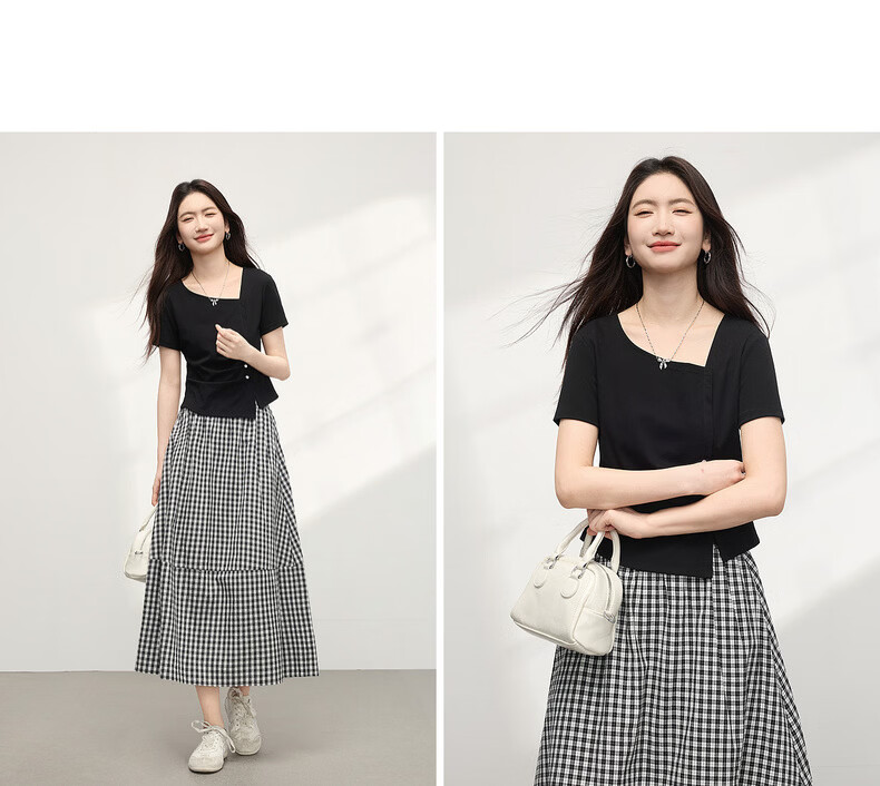 Sllsky Irregular Pleated Waist-Slimming Short Sleeve T-Shirt Women Summer Designer Short Square Neck Top 14