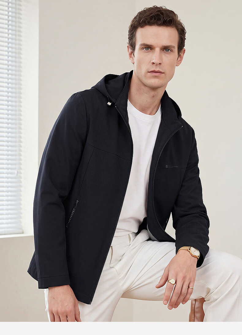 SHANSHAN High-End Jacket for Men, Spring And Autumn Casual Striped Inner Lining Zipper Coat with Detachable Hood, Dad's Clothing 10