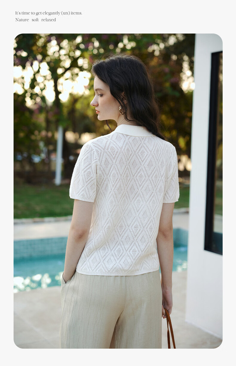 Olrain Summer New POLO Collar Commuter Rhombus Jacquard Knit Sweater for Women White L 6