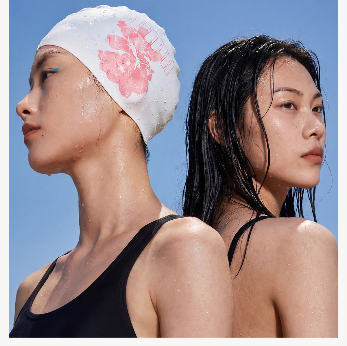 PUMA Women's High-Value Silicone Swim Cap Non-Slip Waterproof Skin-Friendly High Elasticity No Tightness Printed Long Hair Ear Protection 9