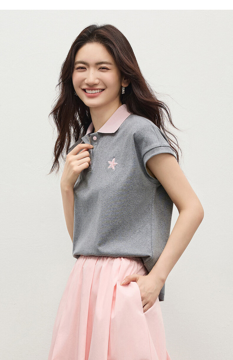 Shangdu Bila Korean Style Colorblock Cotton Polo Collar T-Shirt Women Summer Three-Button Knit Top Loose Slimming Youthful Layering 23