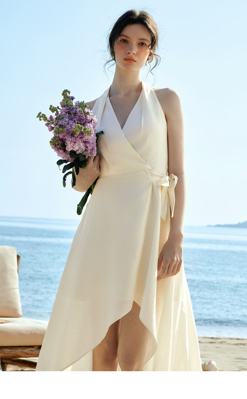 Olrain French Style Halter V-Neck Adjustable Waist Tie Mid-Length Dress for Women Summer Apricot M 10