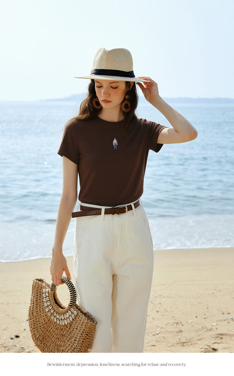 Olrain Summer New Casual Color-Block Heavy Embroidery Ribbed Crew Neck Short Sleeve T-Shirt for Women Brown L 8