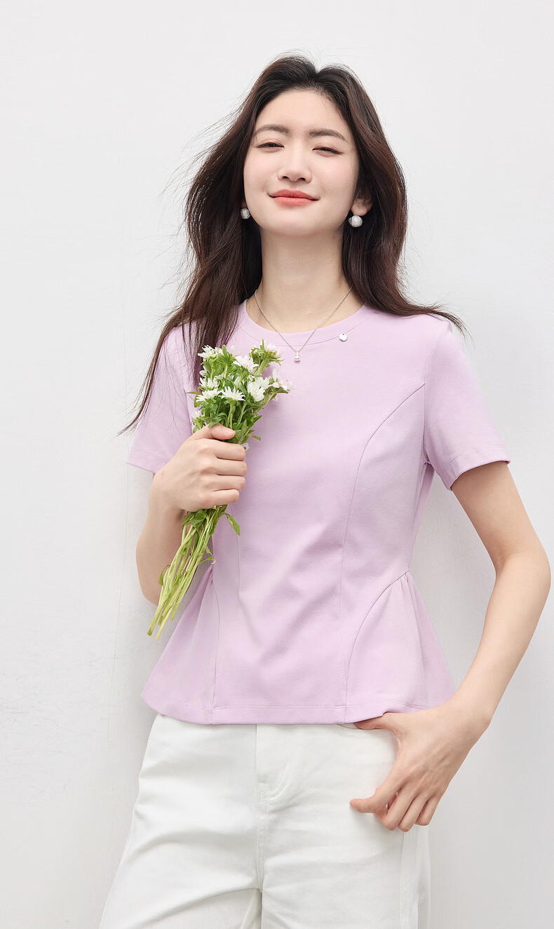 Sllsky Beautiful Pink Purple Short Sleeve T-Shirt Women Summer Round Neck Ruffle Hem Short Shoulder Crop Top 2