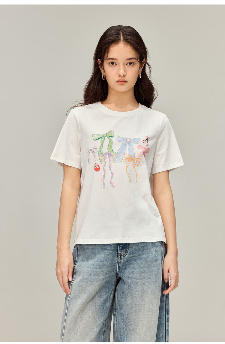 INMAN INMAN [Runway Style] Bow Print Round Neck T-Shirt, Summer 2026 Women's Short-Sleeve Top, White, Size L 17