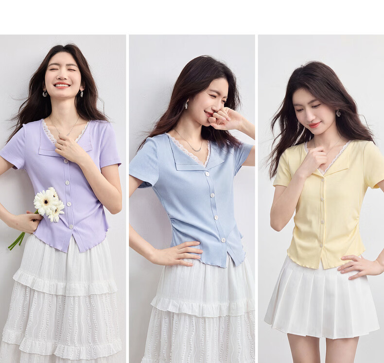Sllsky Slow Style Lace Splice V-Neck T-Shirt Women Short Sleeve Fashionable Designer Top 2026 Summer New Arrival 7