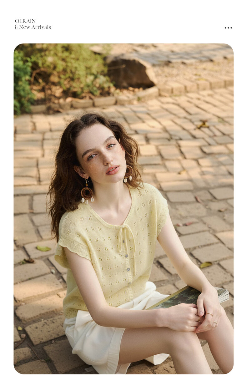 Olrain Summer New Round Neck Tie Single-Breasted Hollow Jacquard Knit Cardigan Women Top Yellow S 2