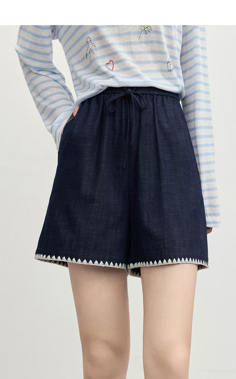Sllsky Colorblock Shell Embroidered A-Line Denim Shorts for Women Summer Elastic Waist Vintage Petite Casual Wide-Leg Pants 14