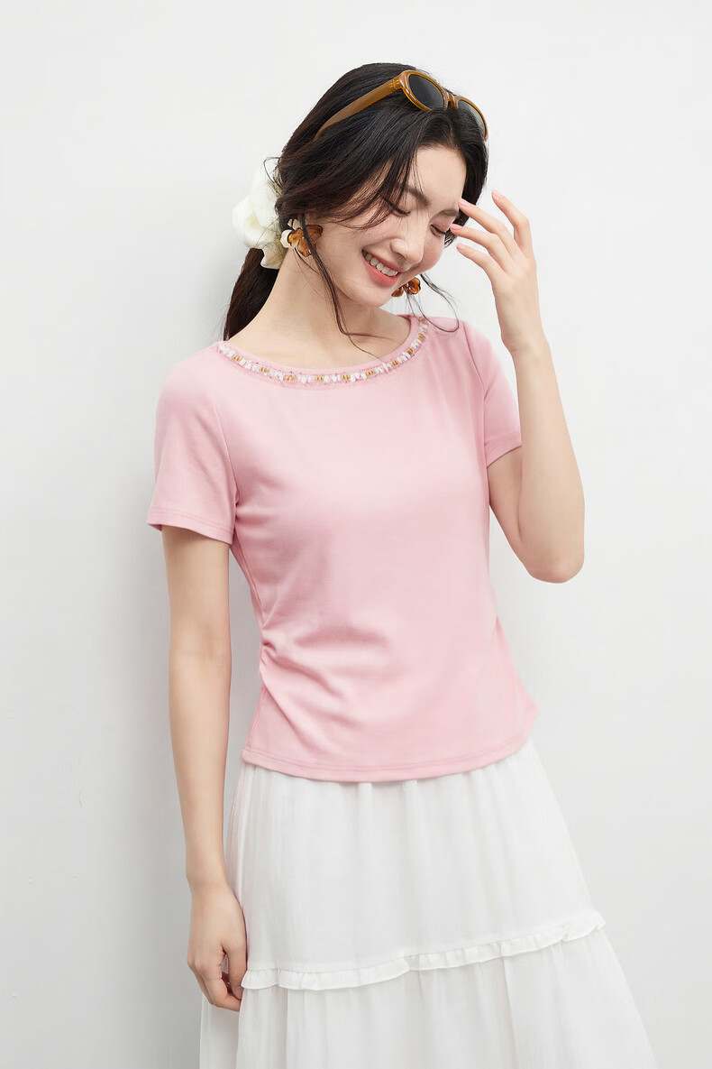 Shangdu Bila Korean Style Elegant Cotton Blend T-Shirt Women Summer Beaded Lace Round Neck Knit Top Slim Fit Short Sleeve Inner Wear 17