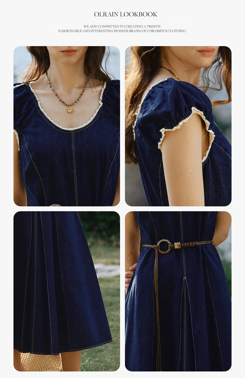 Olrain Eurielle Summer New Retro U-Neck Waist-Slimming Fitted Versatile Denim Dress for Women Denim Blue S 5