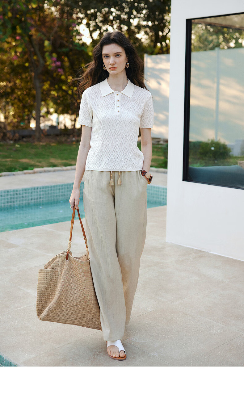 Olrain Summer New POLO Collar Commuter Rhombus Jacquard Knit Sweater for Women White L 9
