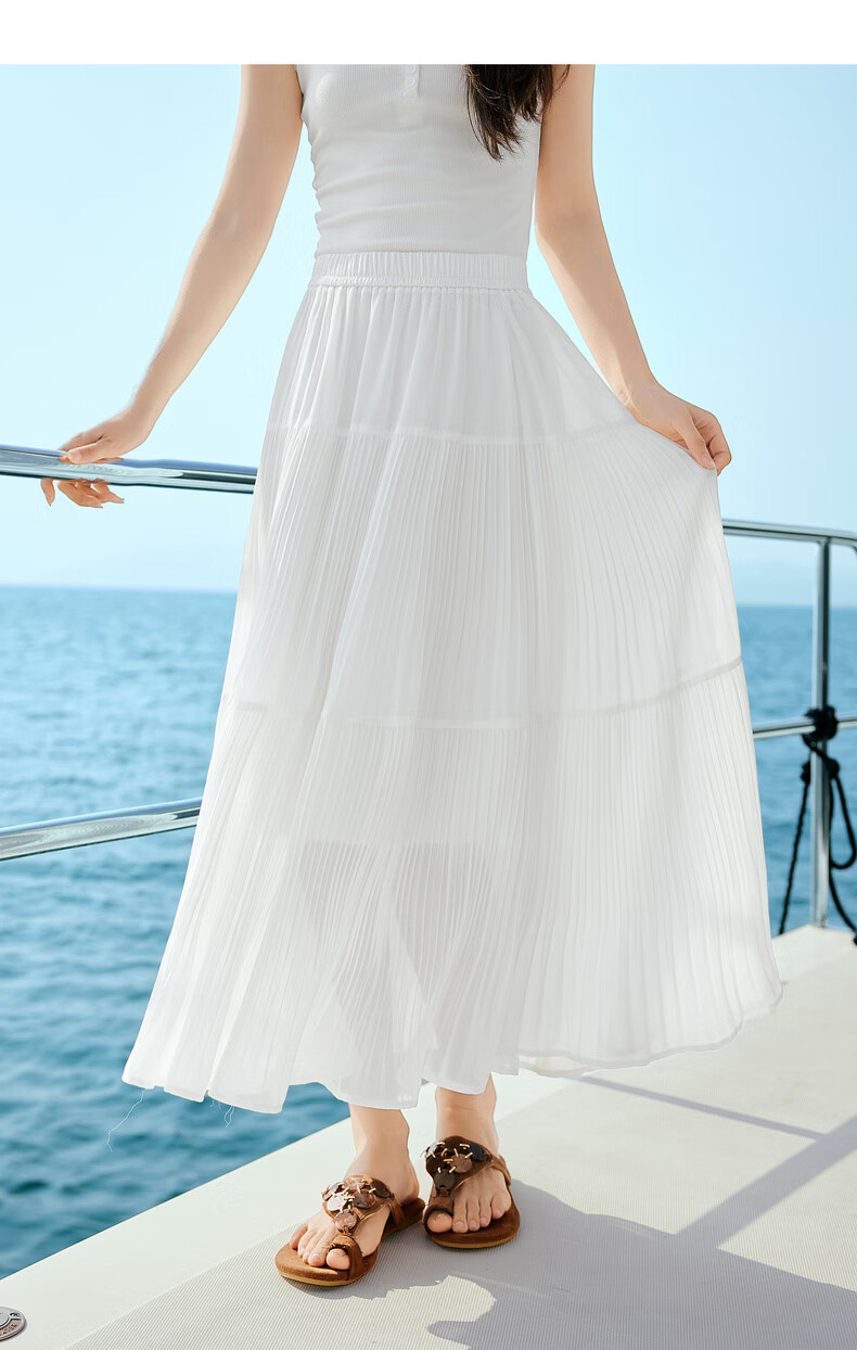 Sllsky Bohemian Chiffon Pleated Midi Skirt Women Summer Lightweight Beach Vacation A-Line Cake Skirt 17