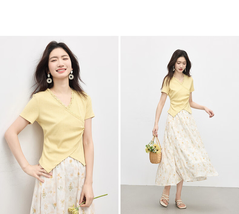 Sllsky Lace Trim V-Neck Short Sleeve T-Shirt Summer Women's Petite Irregular Slim Waist Cropped Top 17