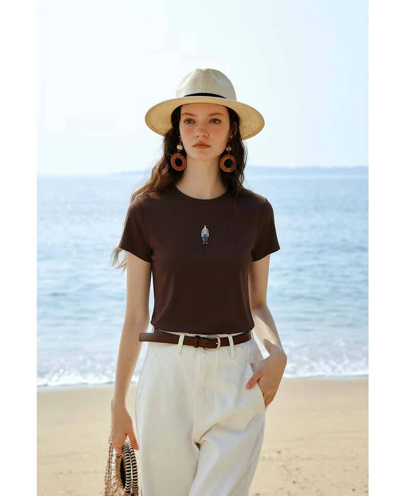 Olrain Summer New Casual Color-Block Heavy Embroidery Ribbed Crew Neck Short Sleeve T-Shirt for Women Brown L 12