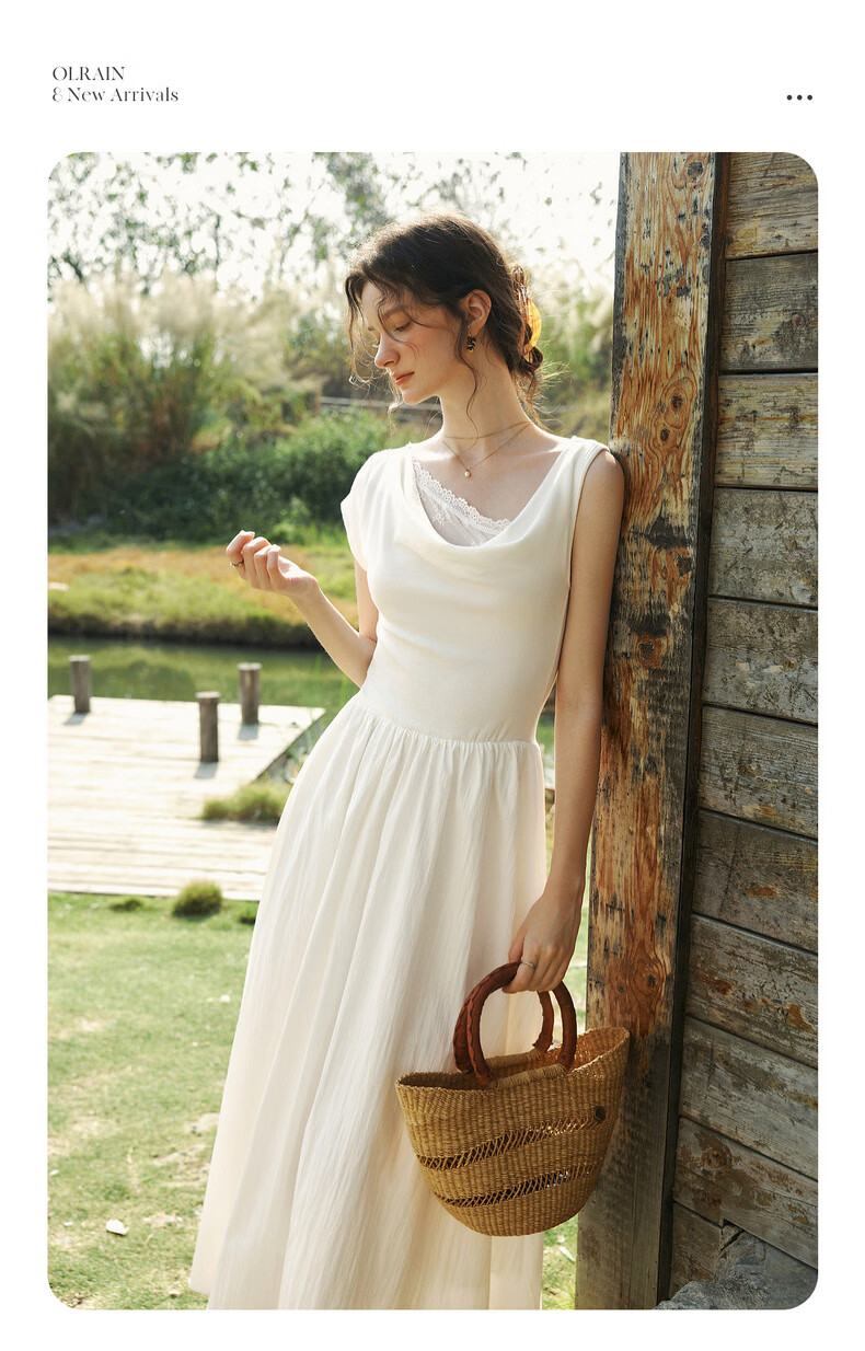 Olrain Eurielle Summer Lyocell Dress French Asymmetric Off-Shoulder Lace Splice Waist Dress White L 2