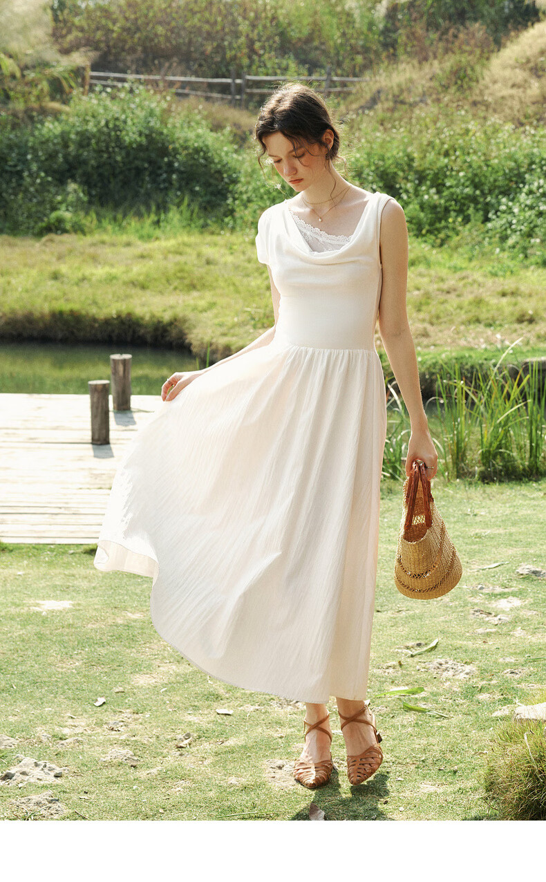 Olrain Eurielle Summer Lyocell Dress French Asymmetric Off-Shoulder Lace Splice Waist Dress White L 9