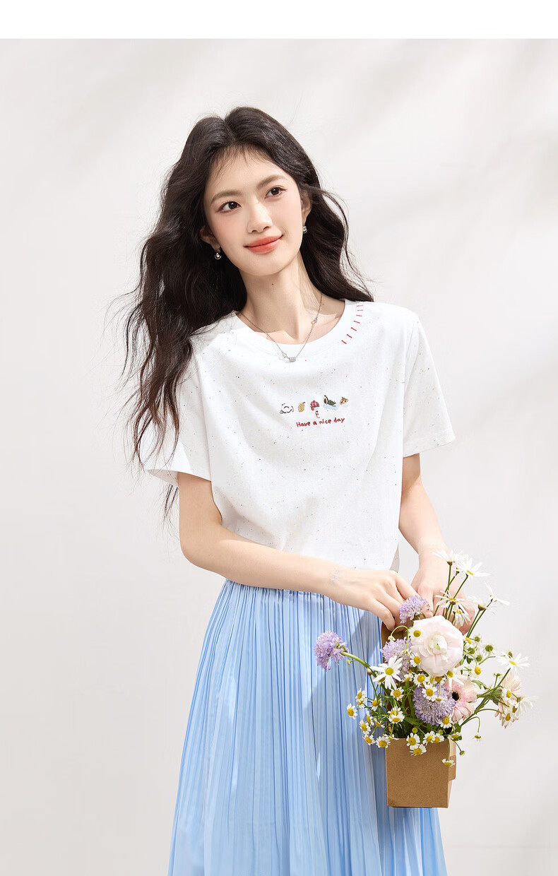 Sllsky Ice Cotton Color Dot T Cool Short Sleeve T-Shirt Summer Women's Fashion Round Neck Embroidered Shoulder Top 17