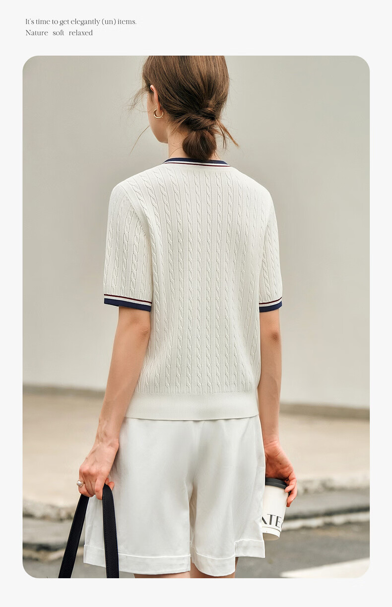 Olrain Women's Summer Casual Narrow Edge Color-Block Round Neck 3D Cable Knit Sweater Top White S 5
