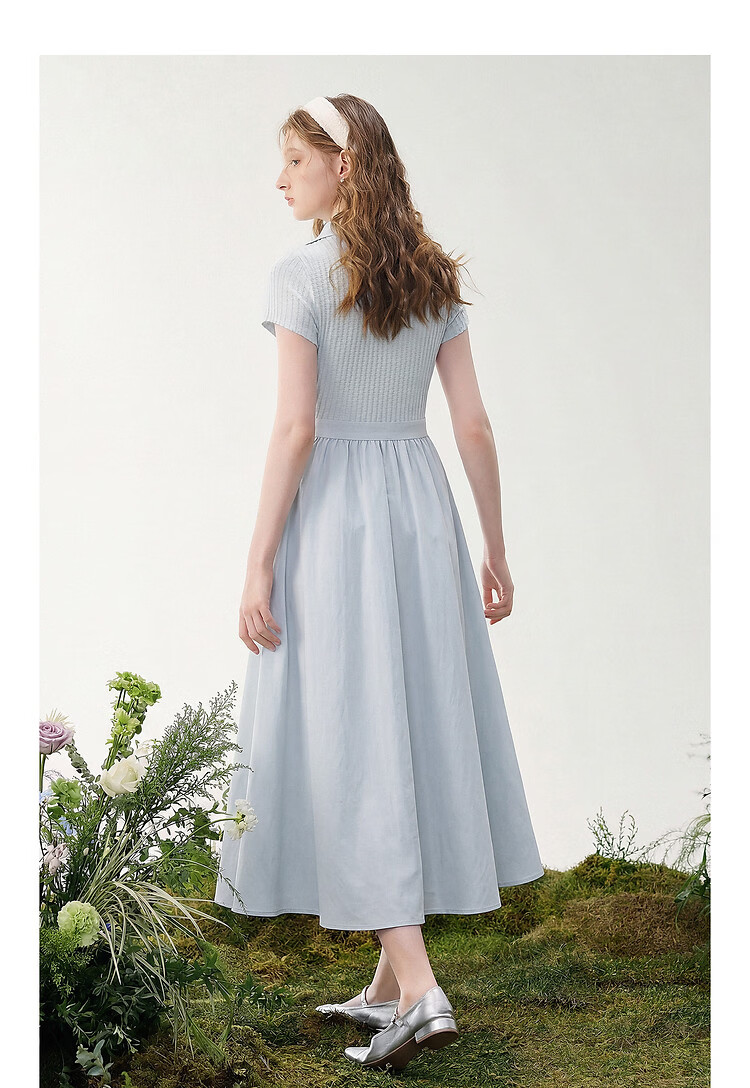 TonLion 2026 Summer New Blue Elegant French Style Dress with Belt for Women 5