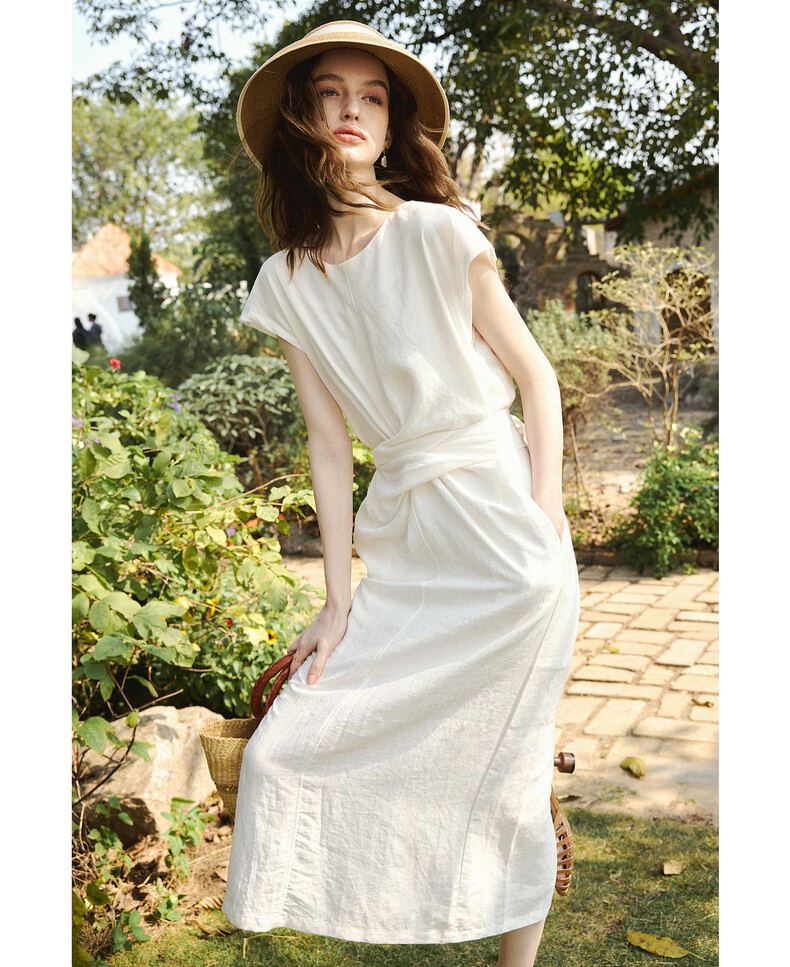Olrain Lyocell Linen | Olrain Summer Women's Dress French Style Tie Dress Off-White L 13