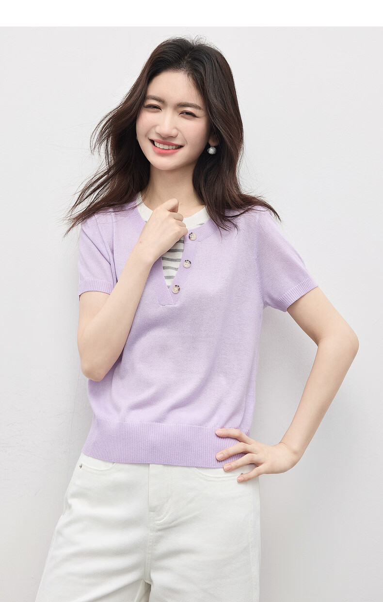 Sllsky Women's Purple Striped Patchwork Knit Top Thin Round Neck Short Sleeve 2026 Summer 20