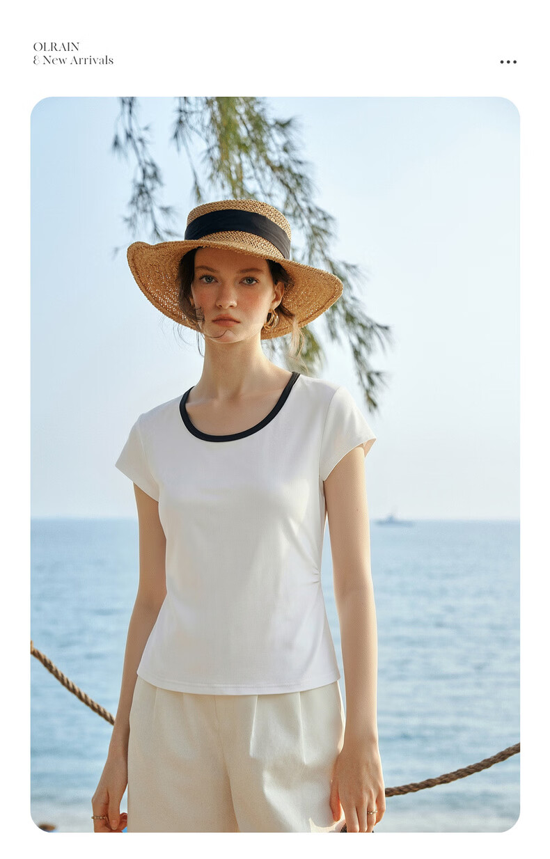 Olrain Eurielle Summer New Pleated Waist Slim Fit Color-Block Round Neck Short Sleeve T-Shirt Women Casual Top White XL 2