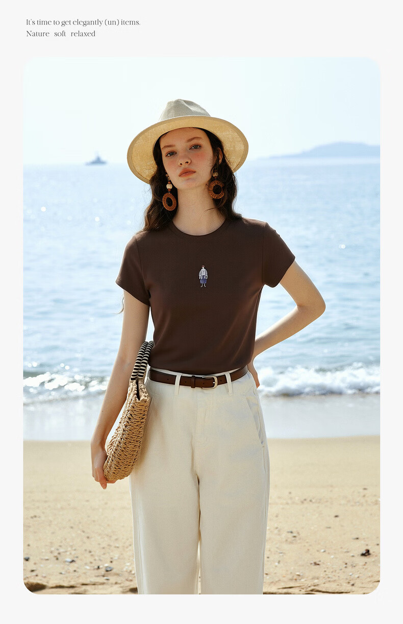 Olrain Summer New Casual Color-Block Heavy Embroidery Ribbed Crew Neck Short Sleeve T-Shirt for Women Brown L 6