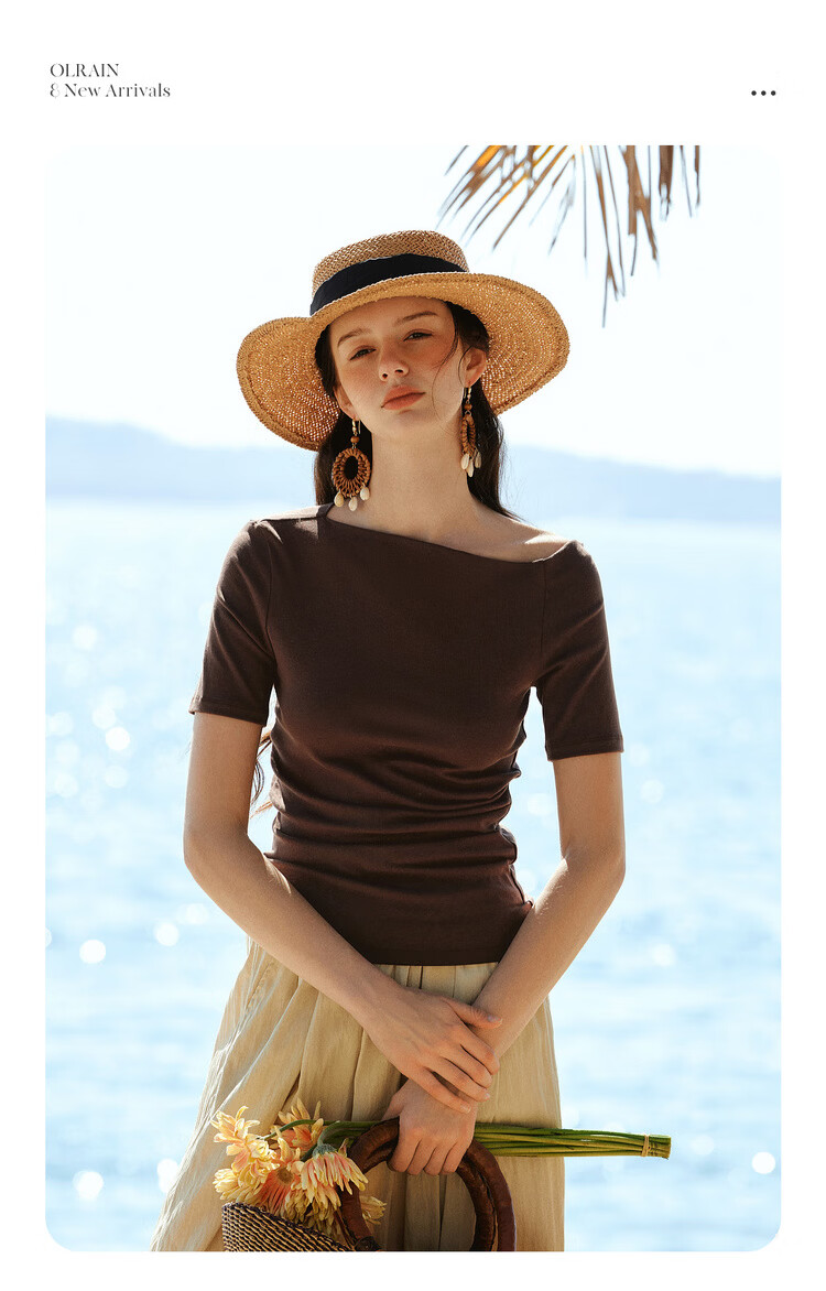 Olrain Eurielle French Lenzing Summer New Irregular Waist Slimming Commuter Short Sleeve T-Shirt Women Top Coffee Color S 2