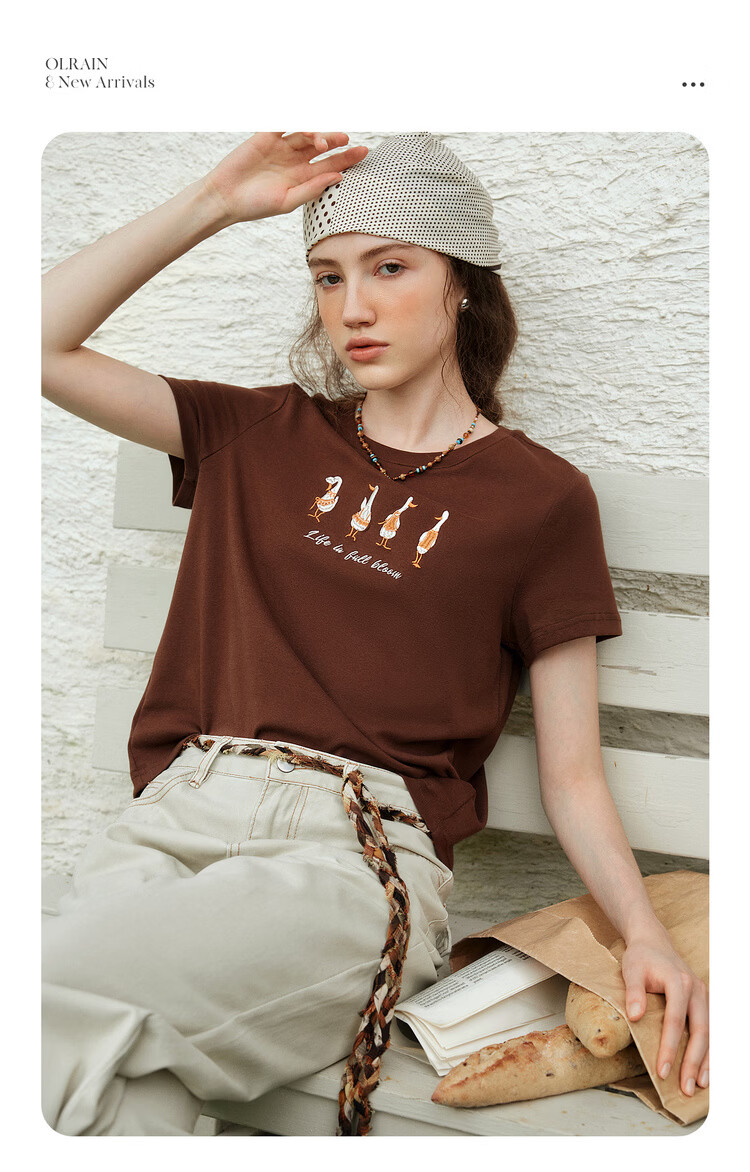 Olrain Eurier New Summer Casual Simple Embroidered Design Crew Neck Pullover Short Sleeve T-Shirt for Women Navy Blue M 2
