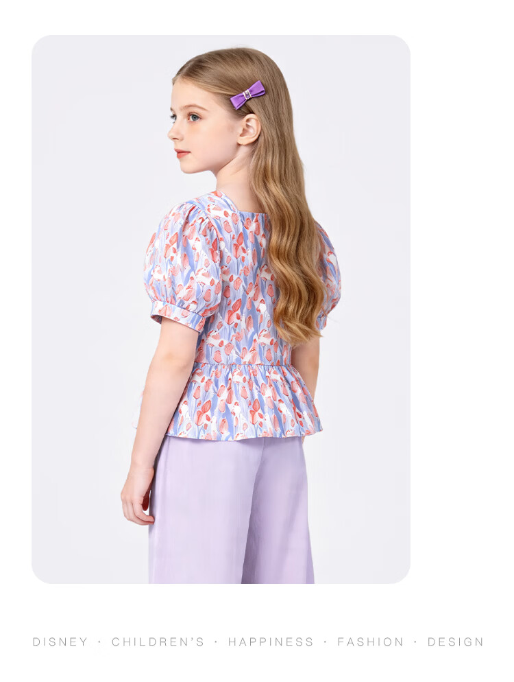 Disney Girls' Short Sleeve T-Shirt Set Summer Floral Cotton Top Two-Piece Light Blue 110 17