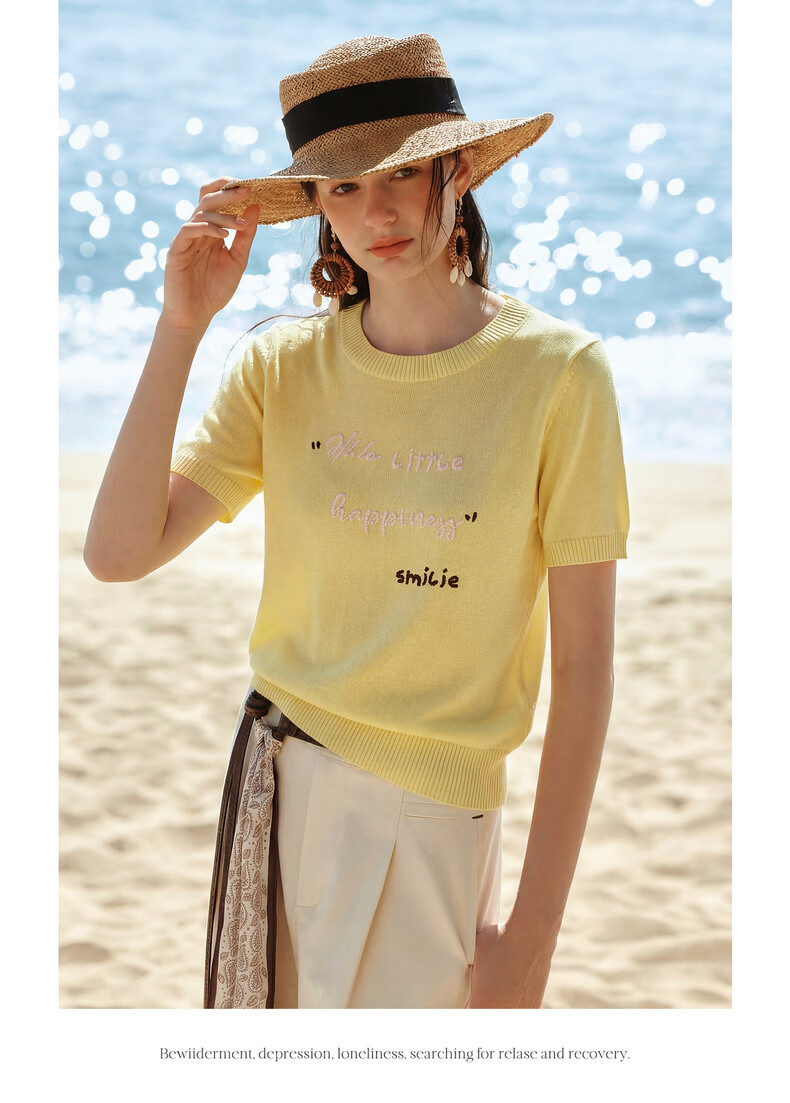 Olrain Summer New Short 3D Letter Embroidered Crew Neck Short Sleeve Knit Top for Women Yellow S 9