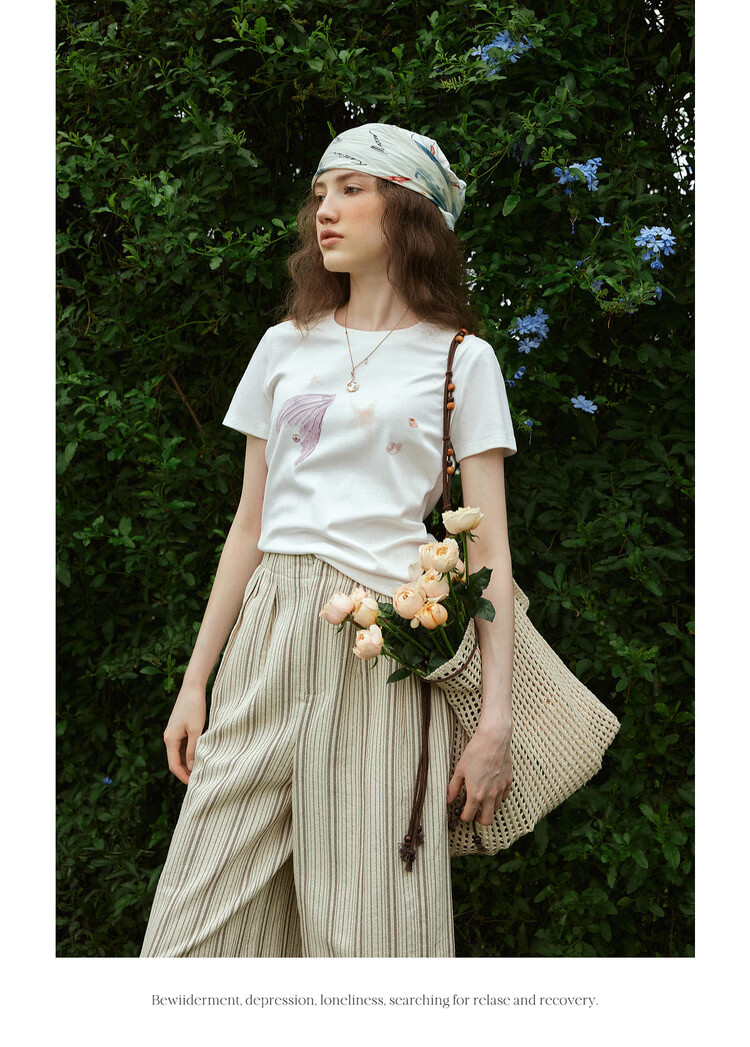 Olrain Eurielle Summer New Fun Colorblock Ocean Print Crew Neck Short Sleeve T-Shirt Women Casual Top White M 11
