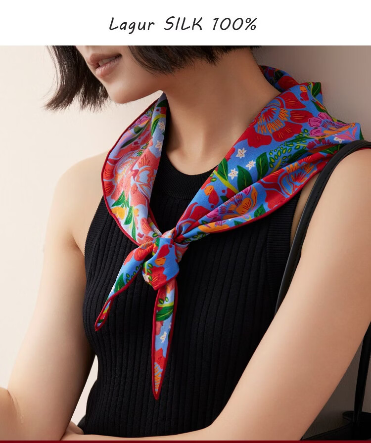 Lagur Rich Eternal 100% Mulberry Silk Original Illustration Scarf Triangle Silk Neck Scarf Gift for Mom Camellia Red 2