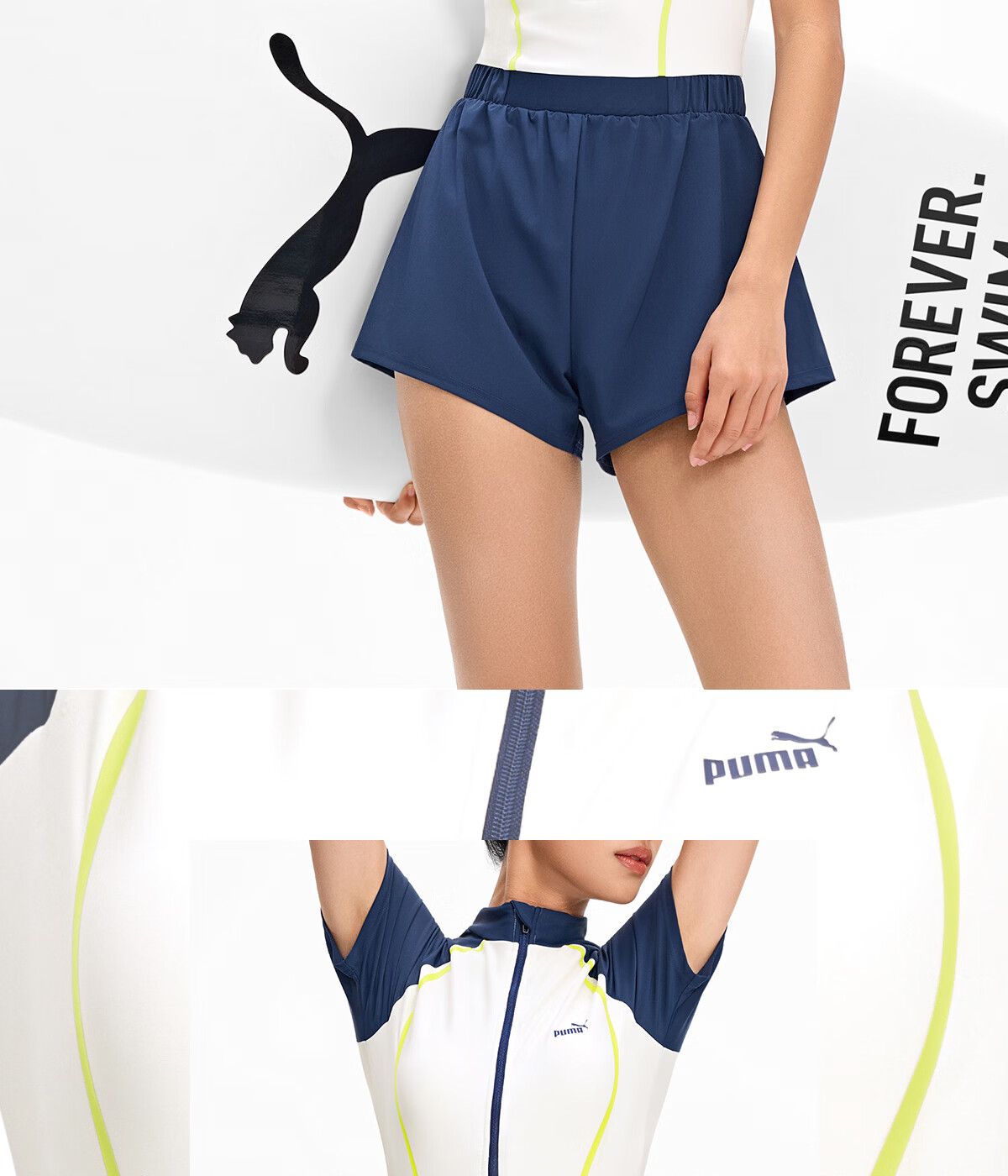 PUMA Women's Swimsuit, 5A Antibacterial Sun Protection, Slim-Fit One-Piece Boyshorts, Fake Two-Piece Design to Prevent Exposure, Detachable Chest Pads, Vacation Swimwear 7