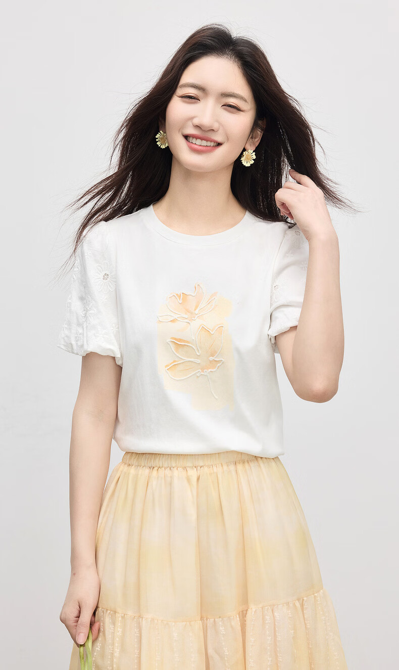 Sllsky "Good Luck Lotus" Bud Short Sleeve T-Shirt Women 2026 Summer Plant Print Crew Neck Top 2