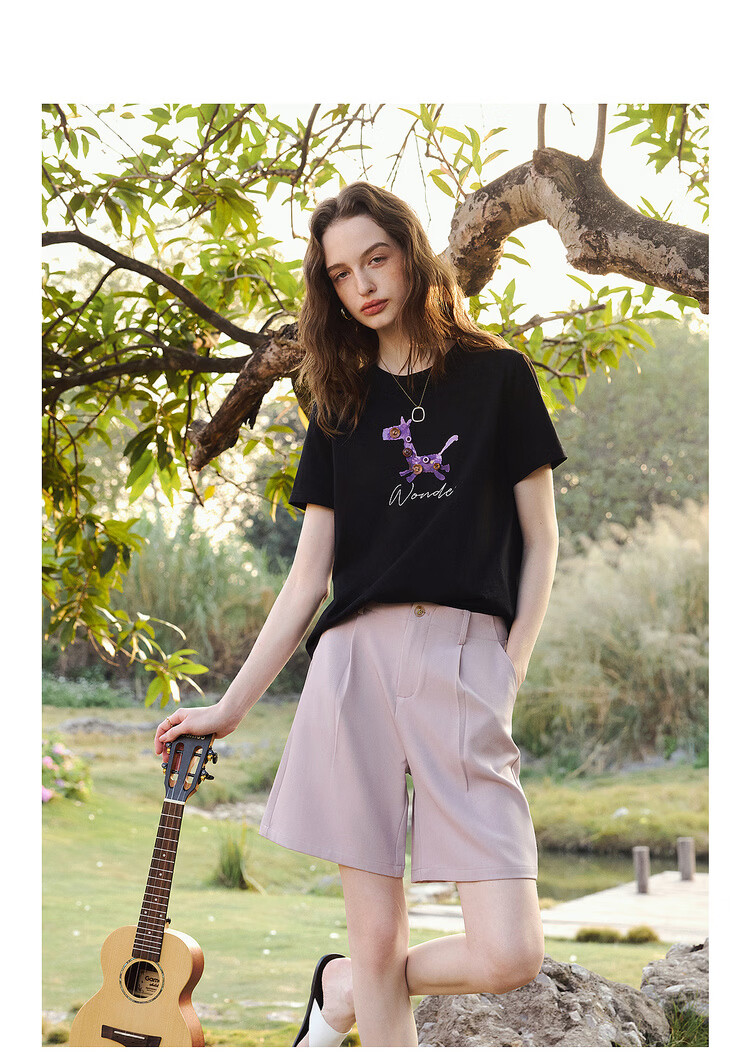 Olrain Women's Casual Commuter Cotton Short Sleeve T-Shirt with Pony Print Summer New Round Neck Top Black L 15