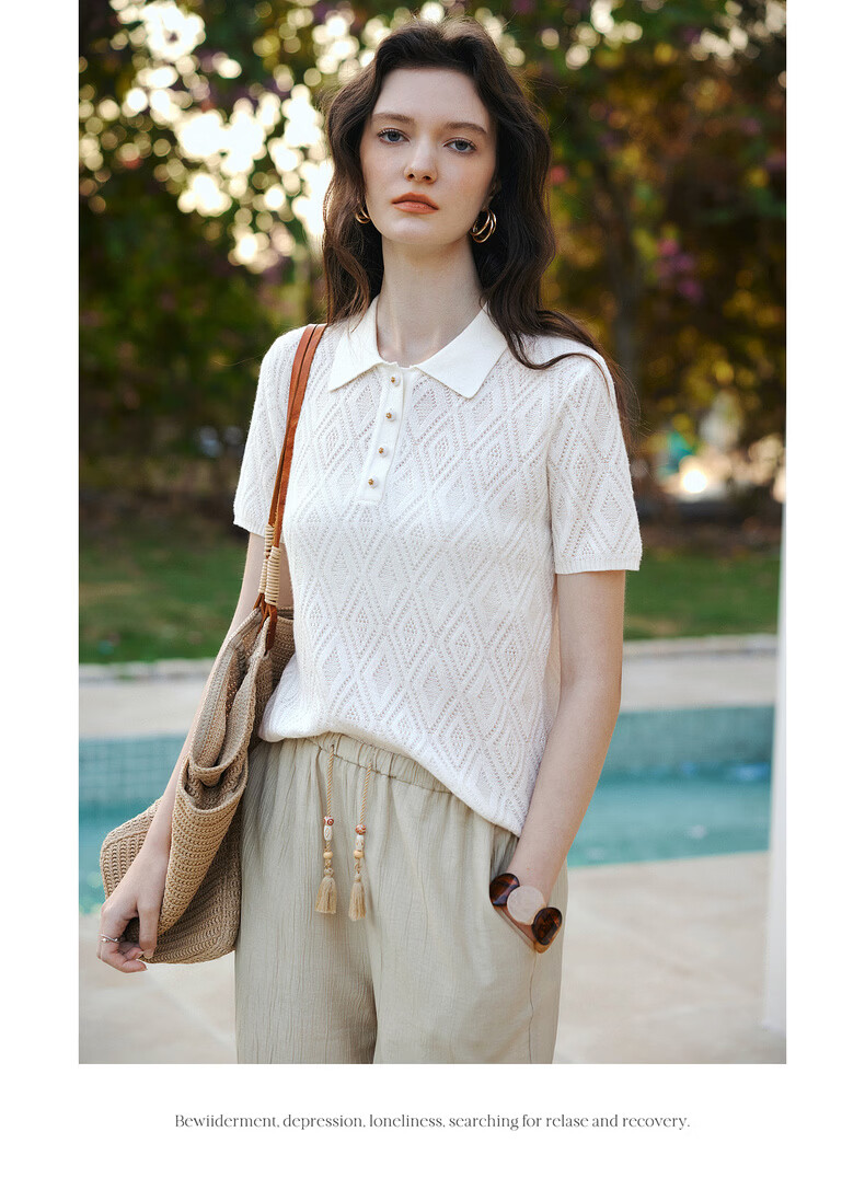 Olrain Summer New POLO Collar Commuter Rhombus Jacquard Knit Sweater for Women White L 13